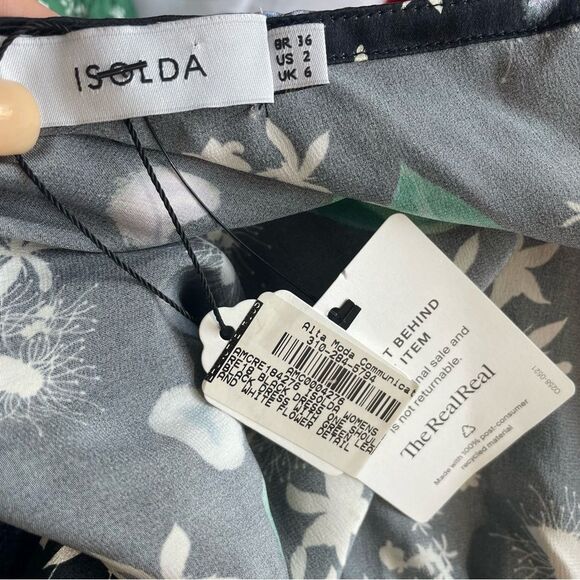 ISOLDA Frog Leaf Print Black Silk One Shoulder Ruffle Mini Dress - Picture 8 of 8